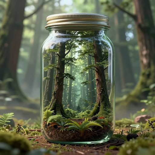 Photorealistic CGI of a forest scene inside a clear glass jar, featuring tall trees, moss, ferns, and sunlight filtering through.