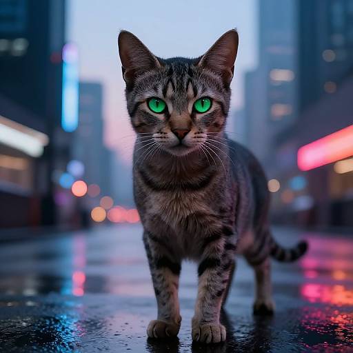 Photograph of a tabby cat with bright green eyes standing on a wet, reflective city street at night, surrounded by blurred neon lights.
