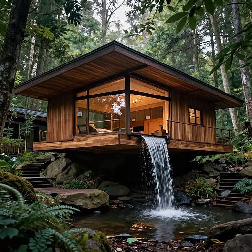 Midcentury Modern Wood House with Waterfall