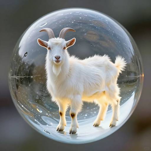 Photograph of a small, white goat with curved horns inside a transparent, spherical bubble, highlighting its fluffy fur and bright eyes against a blurred, dark
