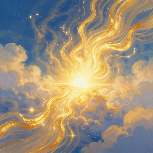 Digital artwork of a radiant sunburst with golden, wavy, glowing lines emerging from a bright center, surrounded by blue sky and fluffy clouds with sparkling