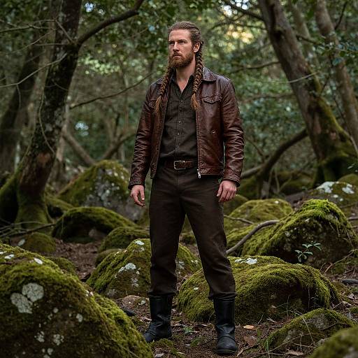 Photograph of a rugged, bearded man with long braided hair, wearing a brown leather jacket and black pants, standing in a mossy forest