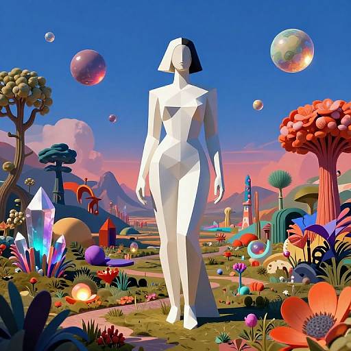 Digital art: White, geometric, faceless woman walks through vibrant, surreal landscape with colorful flowers, floating orbs, and whimsical trees under a bright