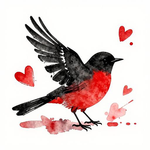 Minimalist Watercolor Bird in Red and Black