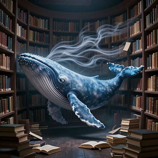 Digital artwork of a giant, glowing blue whale with starry skin flying through a dimly lit library filled with floating books.