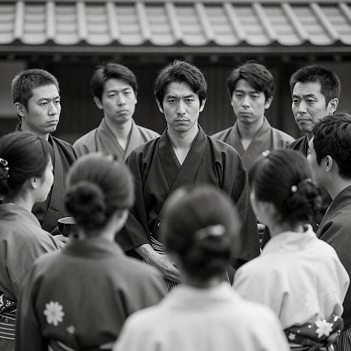 Traditional Japanese Gathering in Monochrome