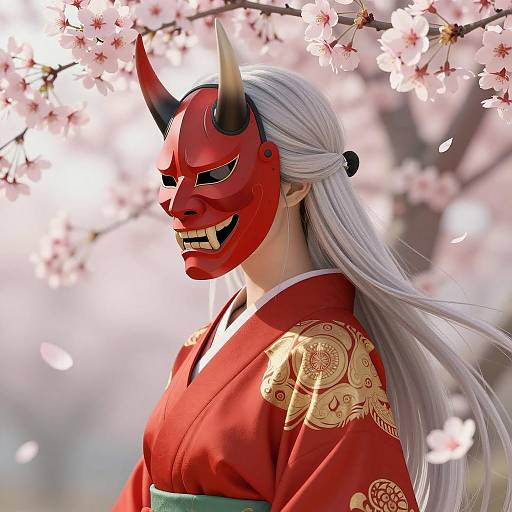 Ethereal Oni Woman Among Cherry Blossoms