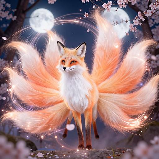Digital artwork of a glowing, multi-tailed fox with vibrant orange fur, white chest, and red eyes, standing under a moonlit sky with cherry