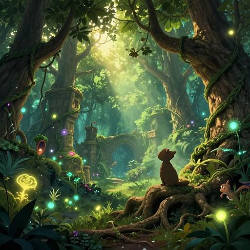 Enchanted forest illustration: A sitting cat silhouette gazes at glowing fireflies, ancient stone ruins, and sunlit foliage in a mystical, vibrant