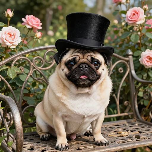 Photograph of a pug with cream fur, wearing a black top hat, sitting on an ornate metal bench surrounded by pink roses.