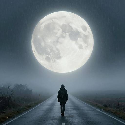 Silhouetted figure walking on a wet road at night, illuminated by a large, glowing full moon in a foggy, rainy sky. Digital