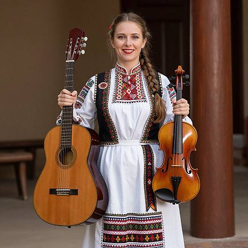 Photograph of a smiling young woman with braided brown hair, wearing a traditional white embroidered dress, holding an acoustic guitar and a violin.