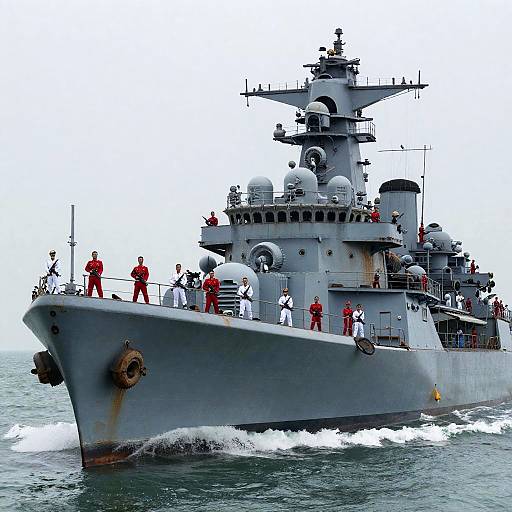 Determined Soldiers on a Rusty Naval Ship