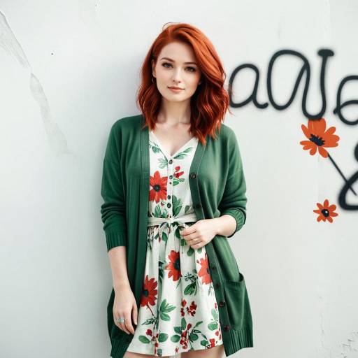 Young Woman with Red Hair in Green Cardigan and Floral Dress