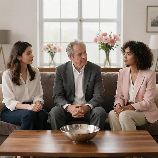 Sunlit Three-Person Portrait on Brown Sofa