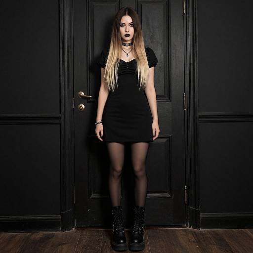 Photograph of a young woman with long blonde-dyed hair, black dress, choker, black boots, standing against a dark wooden door.