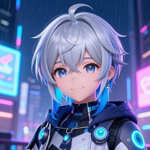 Digital anime-style portrait of a silver-haired, blue-eyed person with glowing blue accents in a futuristic, neon-lit cityscape at night.