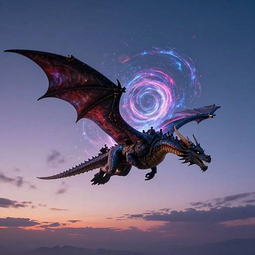 Digital artwork of a dark, spiked dragon with glowing blue-purple energy swirling behind its head, flying against a twilight sky.