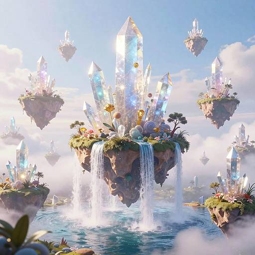 Fantastical CGI image of floating crystal islands with waterfalls, glowing crystals, lush greenery, and misty sky, creating a magical, eth