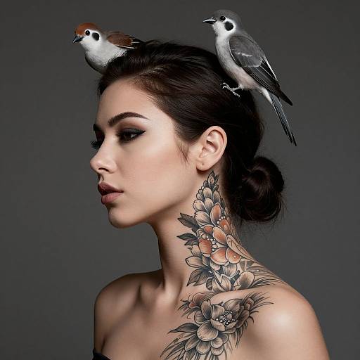 Woman with Floral Tattoos and Birds