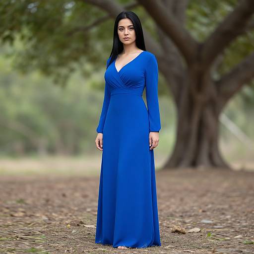 Photograph of a young woman with long black hair, wearing a vibrant blue, long-sleeve V-neck dress, standing in a wooded park with