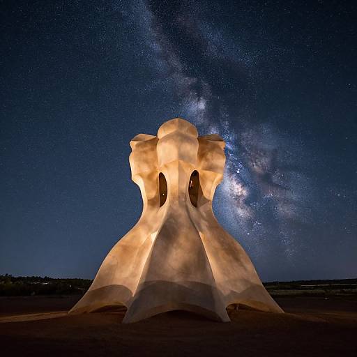 Photograph of a glowing, sculptural rock formation illuminated by internal light, set against a night sky with the Milky Way.