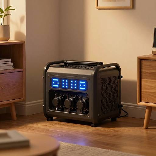 Photograph of a black, rectangular, digital space heater with blue LED display, standing on wooden floor in a warmly lit living room with wooden furniture and