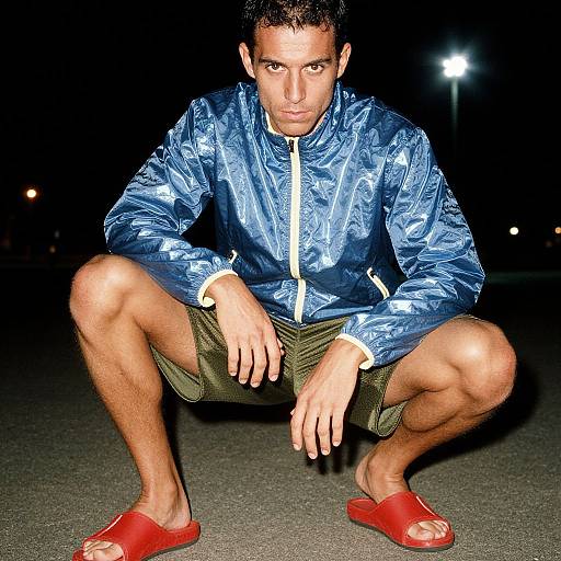 Photograph of a muscular, dark-haired man in a blue reflective jacket, olive green shorts, and red sandals, crouching at night with intense