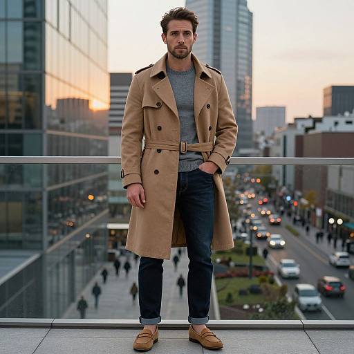 Photograph of a bearded man with curly hair, wearing a beige trench coat, gray sweater, blue jeans, and tan loafers, standing on