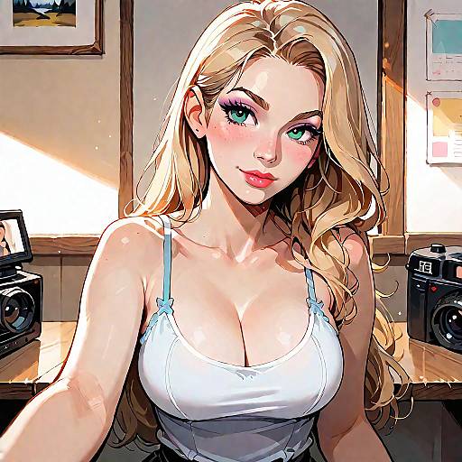 Blonde woman selfie in home office