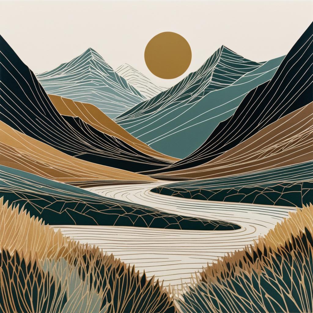 Serene Mountain Range Linocut Art Print