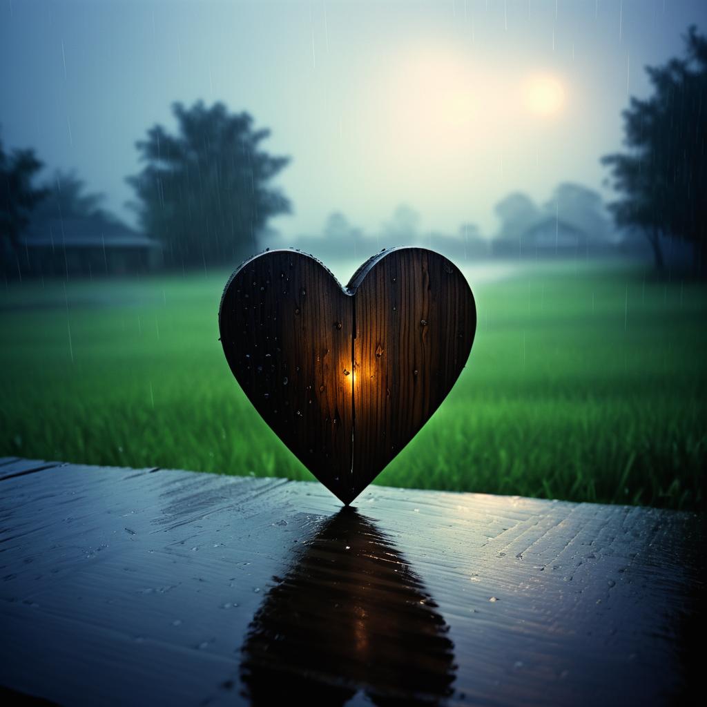 Wooden Heart in Rainy Surreal Scene