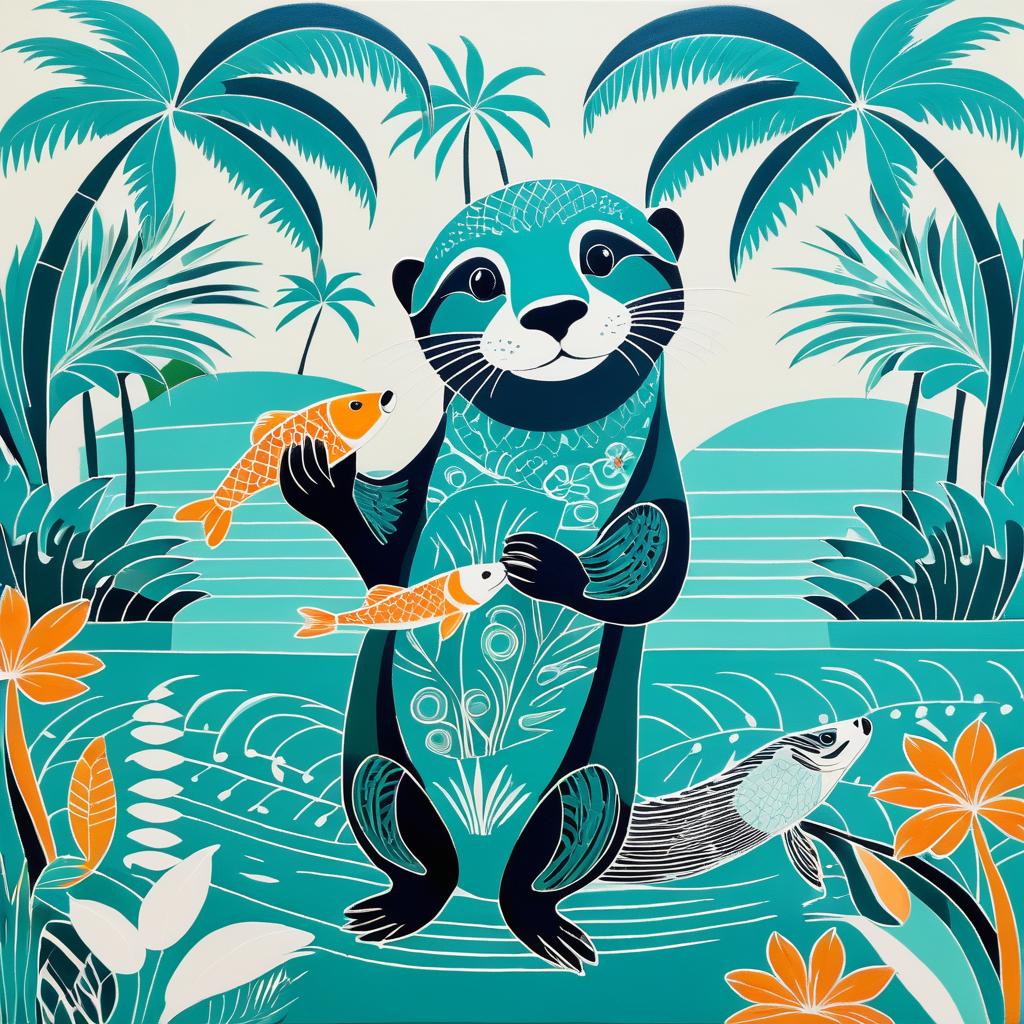 Folk Art Otter in Monochrome Teal