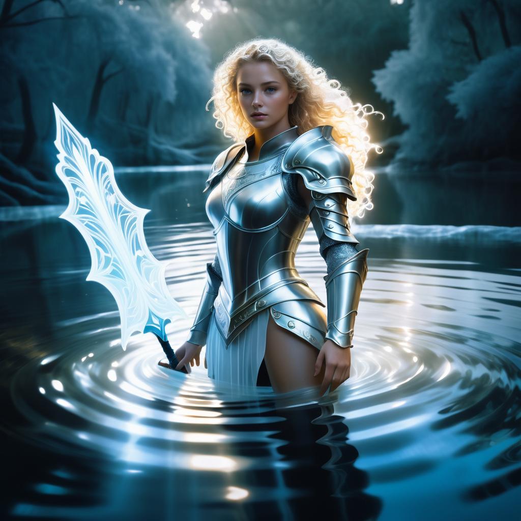 Cinematic Female Knight in Mystical Lake