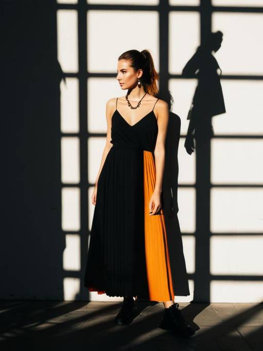 Woman in Black and Orange Pleated Dress with Shadow