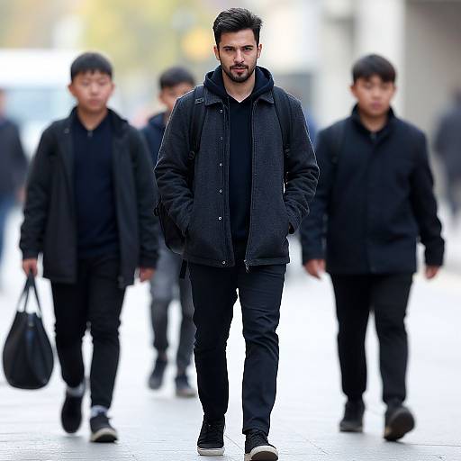 Photograph of a bearded man in black jacket and pants, walking forward in a blurred urban street, surrounded by similarly dressed men.