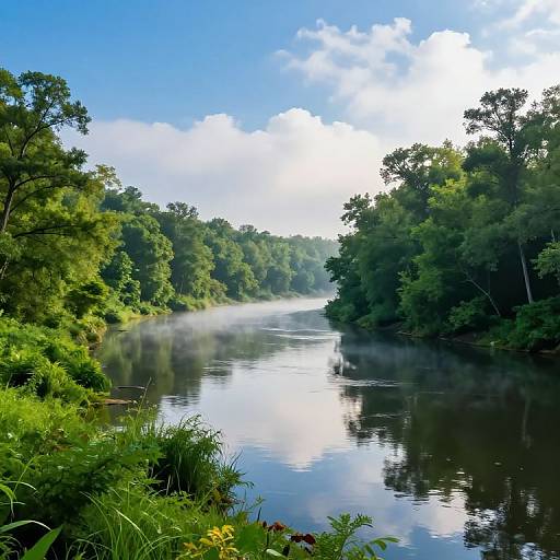 Photograph of a serene, mist-covered river surrounded by lush, green trees under a bright blue sky with scattered clouds.