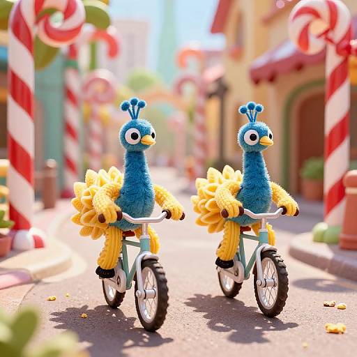 Photograph of two blue felt peacock-like creatures with yellow fluff skirts riding white bicycles on a candy-themed street with red and white candy cane decorations