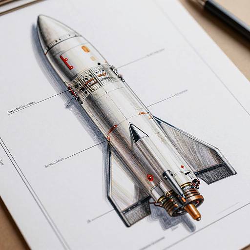 Detailed technical drawing of a silver rocket on white paper, labeled with red and black annotations, showcasing precise engineering details.