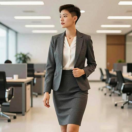 Photograph of a short-haired, Asian woman in a gray blazer and white blouse walking confidently in a modern, brightly lit office.