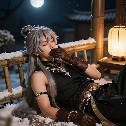 Cosplay of Aether from Genshin Impact on Snow-Covered Veranda