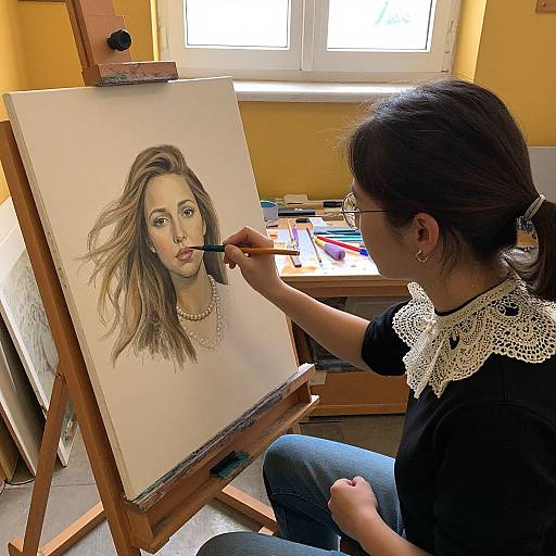 Artist with dark hair and glasses, wearing a black lace shirt, paints realistic portrait of a woman with wavy hair and pearl necklace on wooden easel