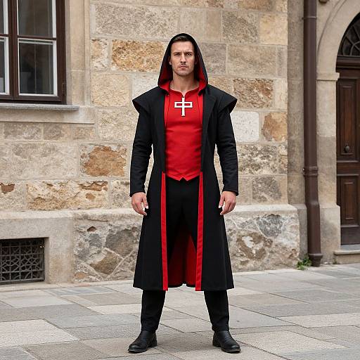 Photograph of a muscular man with tan skin and black hair, standing in front of a stone building, wearing a red cross hoodie, black coat,