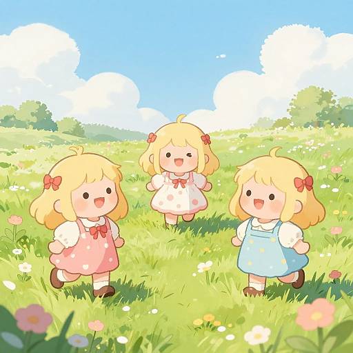 Three cute, blonde anime-style girls with hair bows in pink, white, and blue dresses, joyfully running in a bright, sunny meadow with