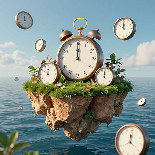 Digital artwork of a floating rock island with grass and six clocks, set in a blue ocean under a clear sky. Clocks vary sizes, some floating
