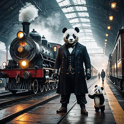 Panda Character and Cub at Vintage Steam Train Station