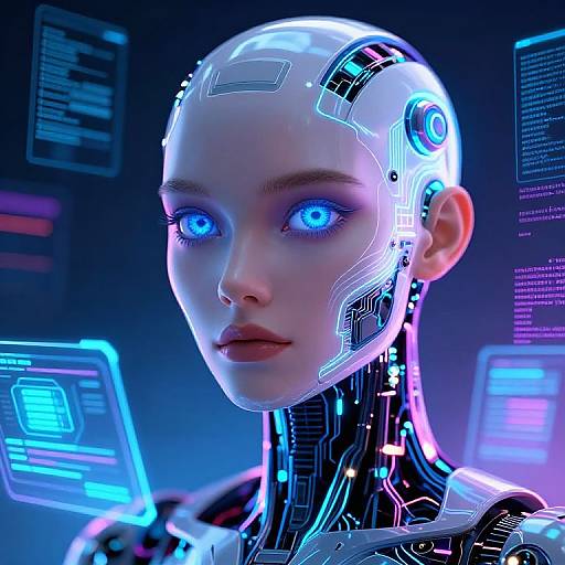 Digital CGI image of a futuristic, blue-eyed, bald, robotic woman with glowing circuits on her head and neck, surrounded by holographic screens.