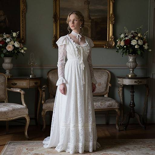 Photograph of a woman in a white lace wedding dress standing in an elegant, dimly-lit room with floral arrangements, antique furniture, and a