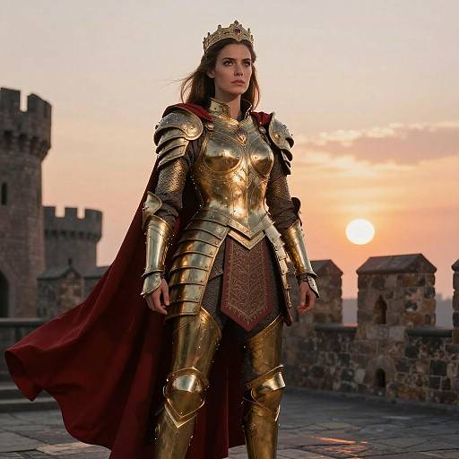 Photograph of a fierce woman in golden medieval armor with a red cape, tiara, and serious expression, standing on a castle rooftop at sunset.
