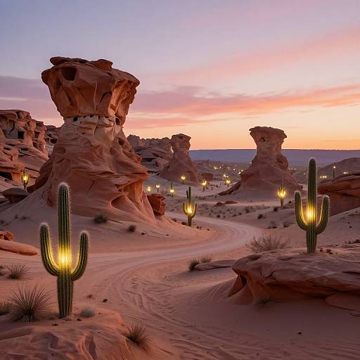 Photograph of a desert landscape at sunset, featuring towering red rock formations, cacti, glowing pathway lights, and a pink-purple sky.